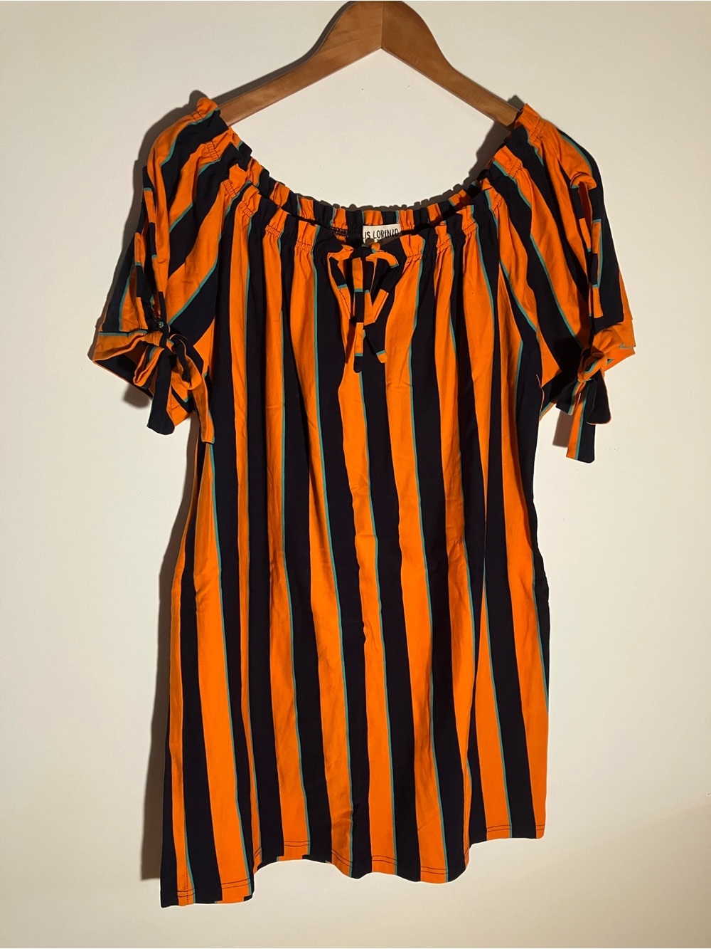 LIS LORENZO Orange and Blue Off The Shoulder Dress with Tie-Sleeves Size Large